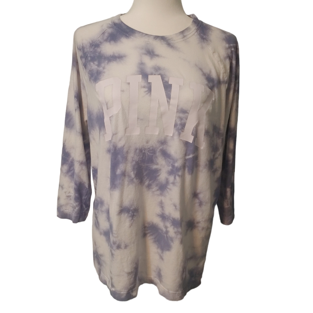 VICTORIAS SECRET PINK Campus Logo Baseball Tee Periwinkle Tie Dye Size Medium - Picture 4 of 11